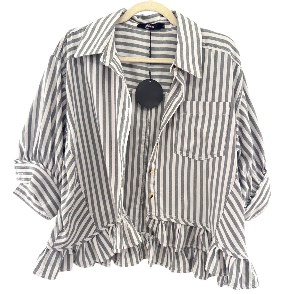 NWT CHYRII Ruffled Hem Button Up Blouse Gray White Striped Cottagecore - Large